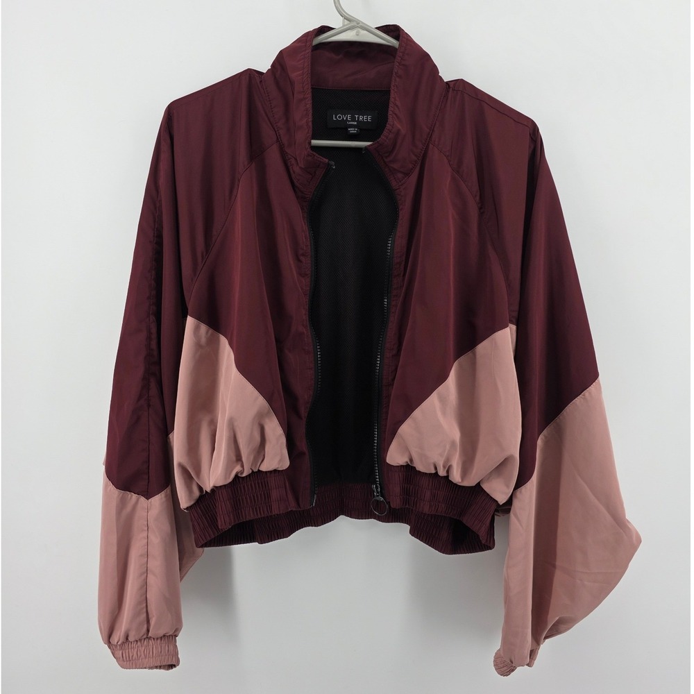 Love Tree Full Zip Colorblock Windbreaker Jacket Burgundy Pink Womens Size Large